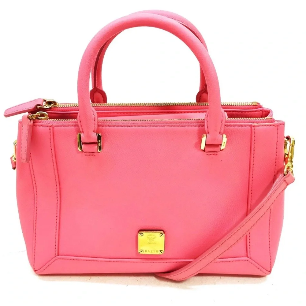 Authentic MCM Hand Bag Pink Leather crossbody purse HOT PINK - Picture 1 of 9